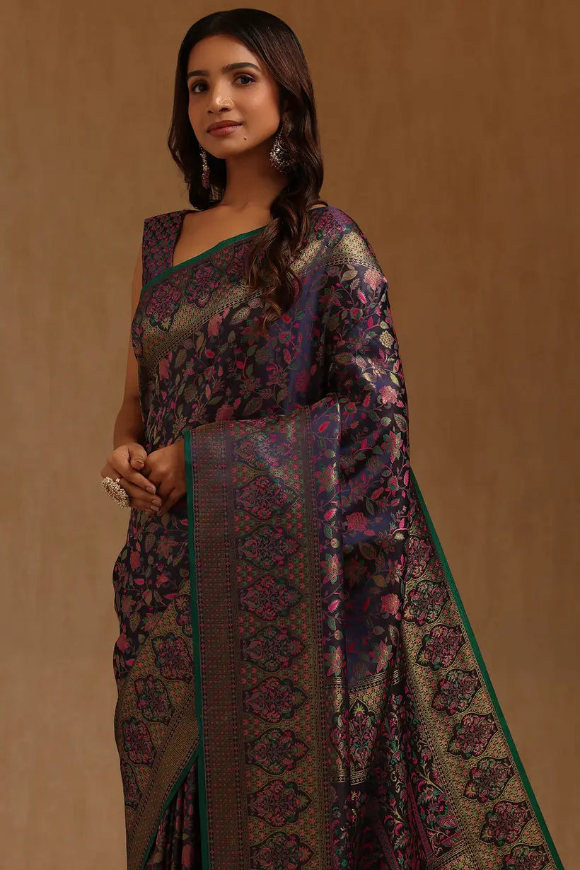 Navy Blue Tussar Floral Woven Design Saree